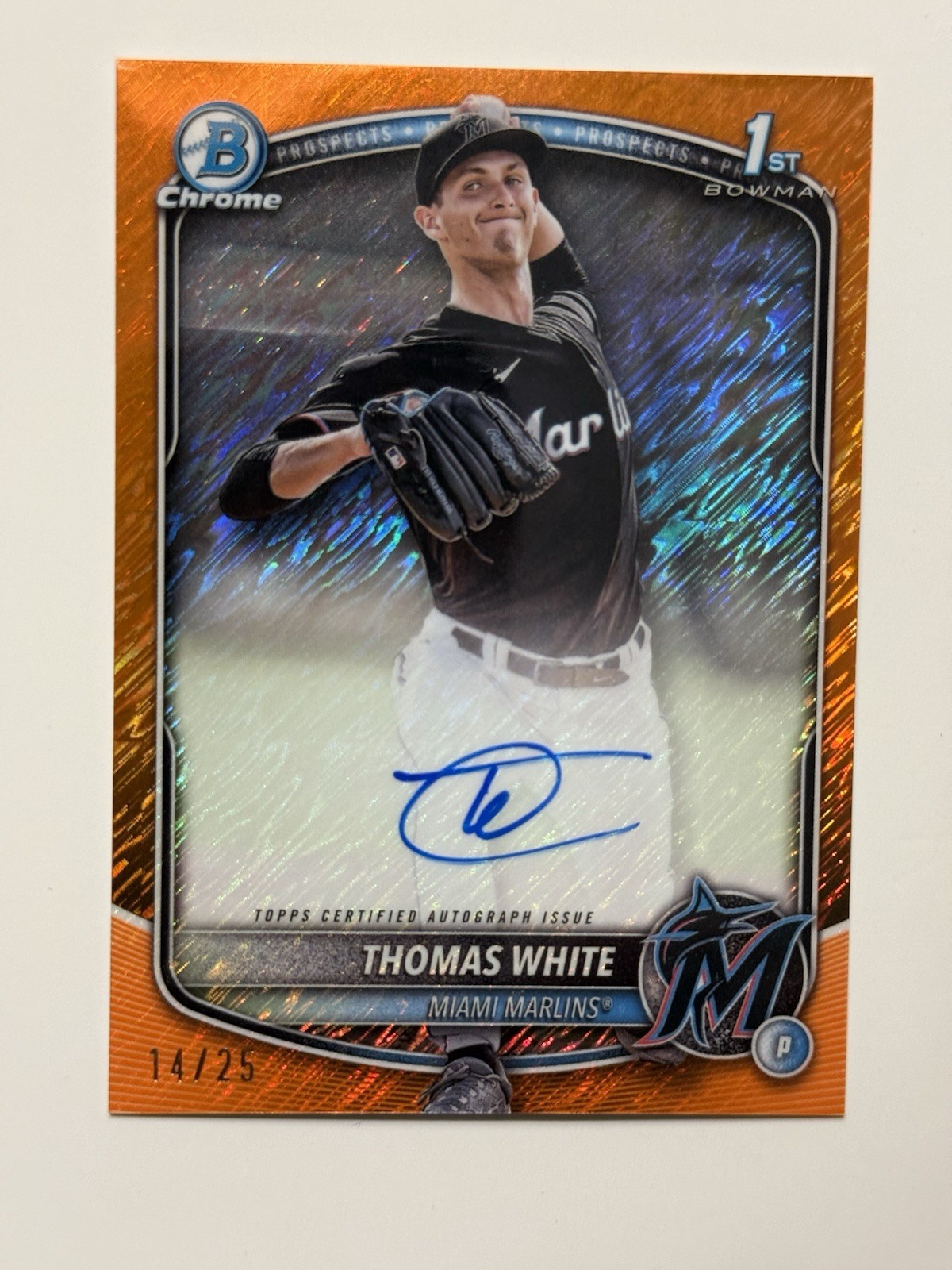 2025 Bowman Chrome Thomas White 1st Bowman #CPA-TW Orange Shimmer Auto /25 GEM