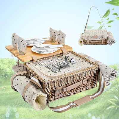 Multifunctional Wicker Picnic Basket Set for 4 Insulated Blanket Tableware Campi