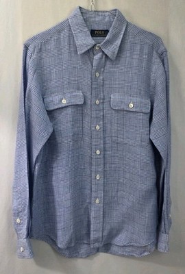 POLO RALPH LAUREN Men's Small Shirt 100% Linen Plaid Button Down Blue/White