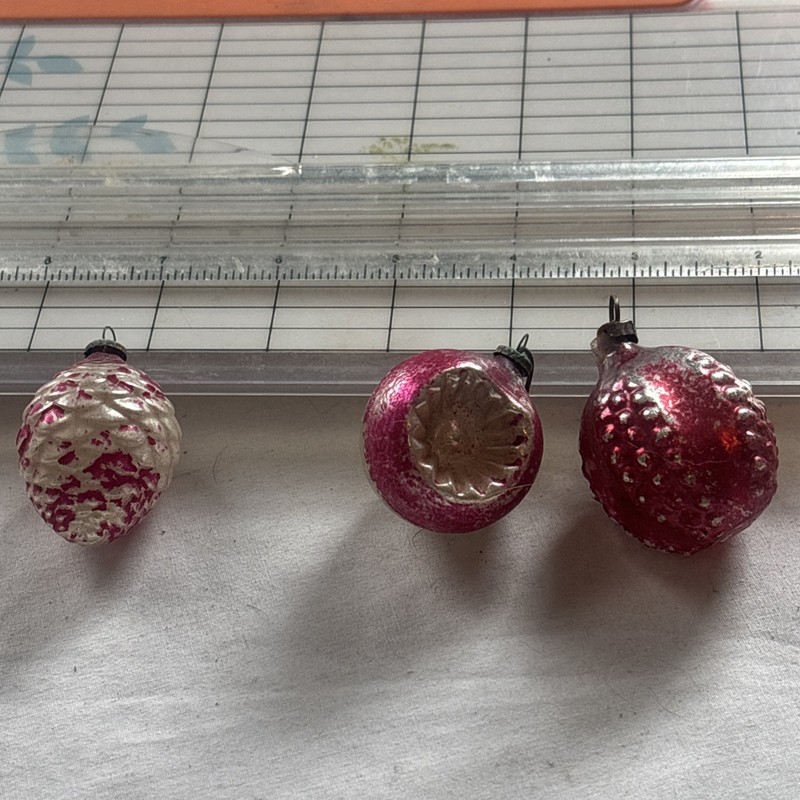 3  Antique Mercury Glass small hand blown glass ornaments indent acorn