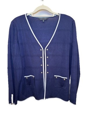 Ming Wang Women s XL Contrast Knit Navy Blue Clasp Cardigan Sweater Nautical