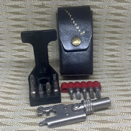 Leatherman Vintage Bit Driver Tool w/ Bits Set & Black Leather Belt Sheath