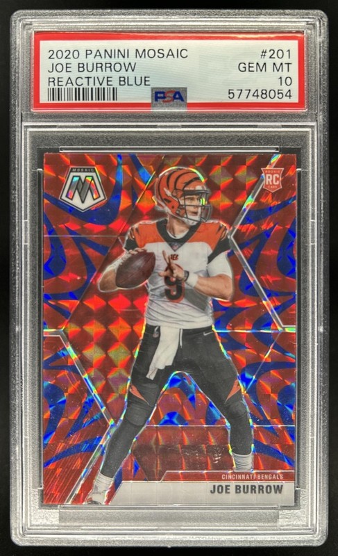 2020 Panini Mosaic Joe Burrow RC Prizm Reactive Blue Rookie #201 Bengals PSA 10