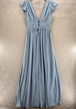 Lulus Dress Women Small Im All Yours Slate Blue Ruffle Maxi Flutter Sleeve Slit