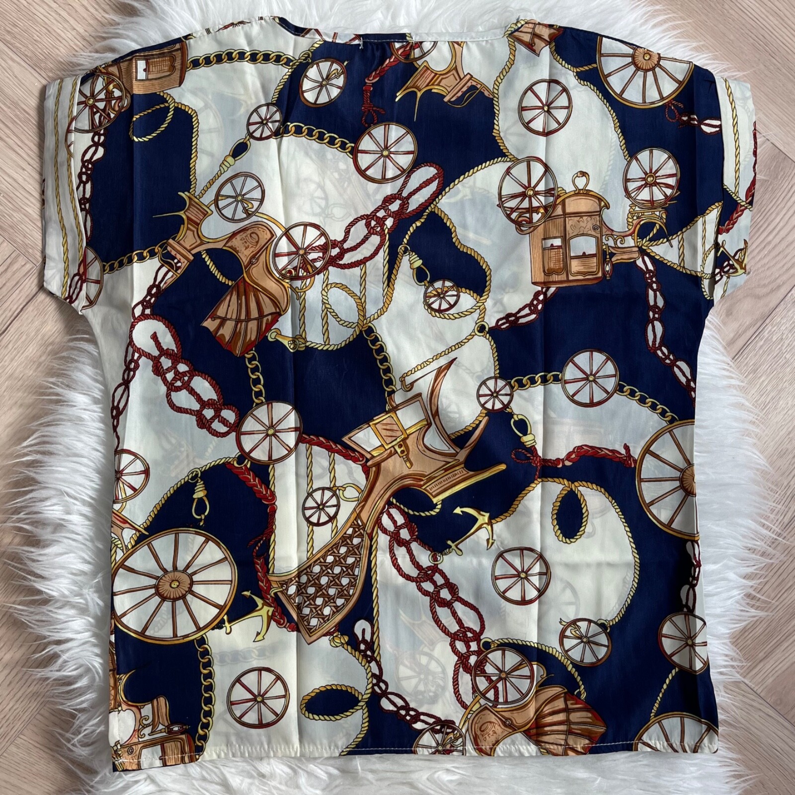 Liva Girl Blouse Top Size Medium Blue Chains Carriages Short Sleeve Lightweight image 2