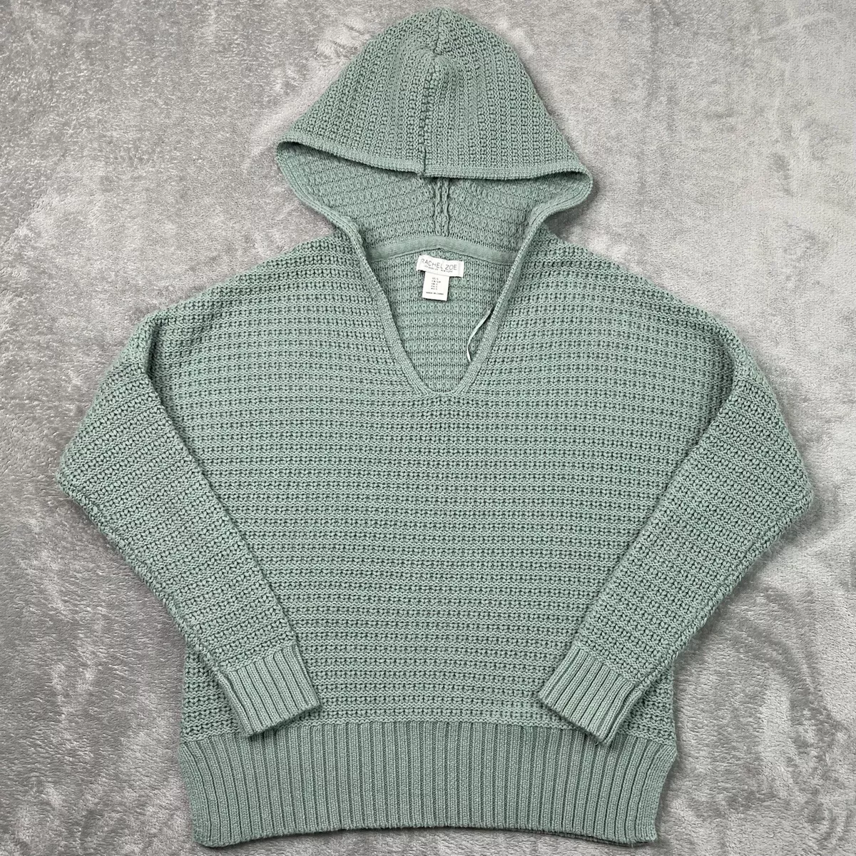 Rachel Zoe Hoodie Womens Small Pullover Sweater Knit Mint Green V-Neck Cotton