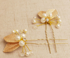 2 Women Prom Dance Gold Leaf Pearl Wedding Bride Boho Retro head Hair U pin Clip