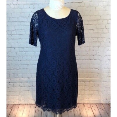 Dana Buchman Lace Dress Navy Blue Fully Lined Short Sleeve 38" Long Large |  eBay