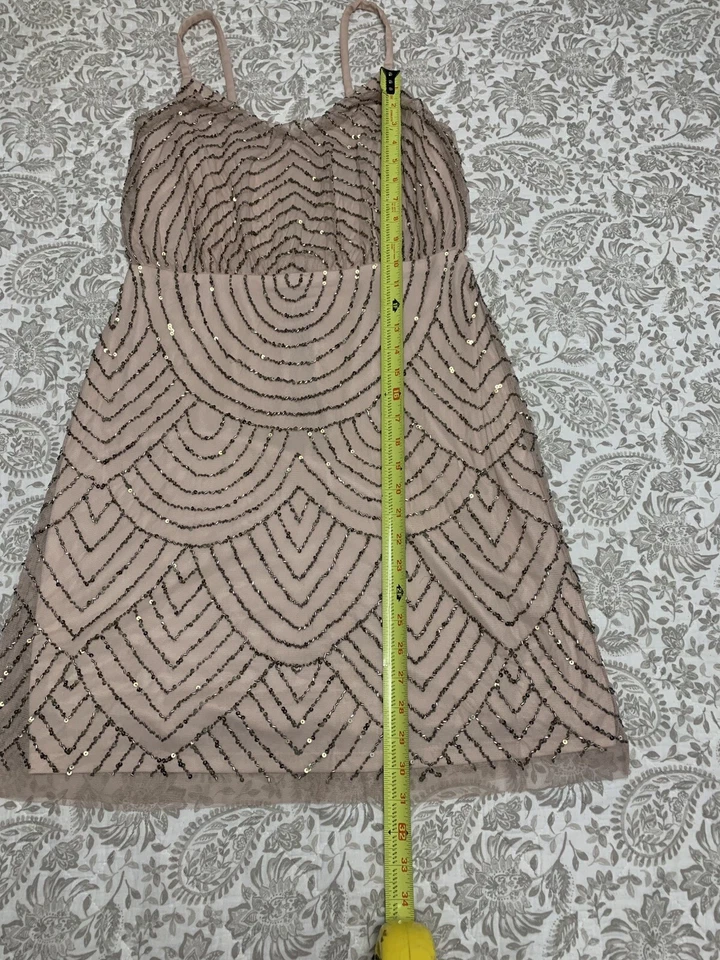 Adrianna Papell Sequin Mesh Blouson Dress Taupe Pink  Size 8 - Image 3 of 4