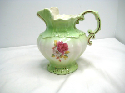 Vintage Ayner's Ceramic Syrup Pitcher 1975 green  with  Small Pink & White flowe