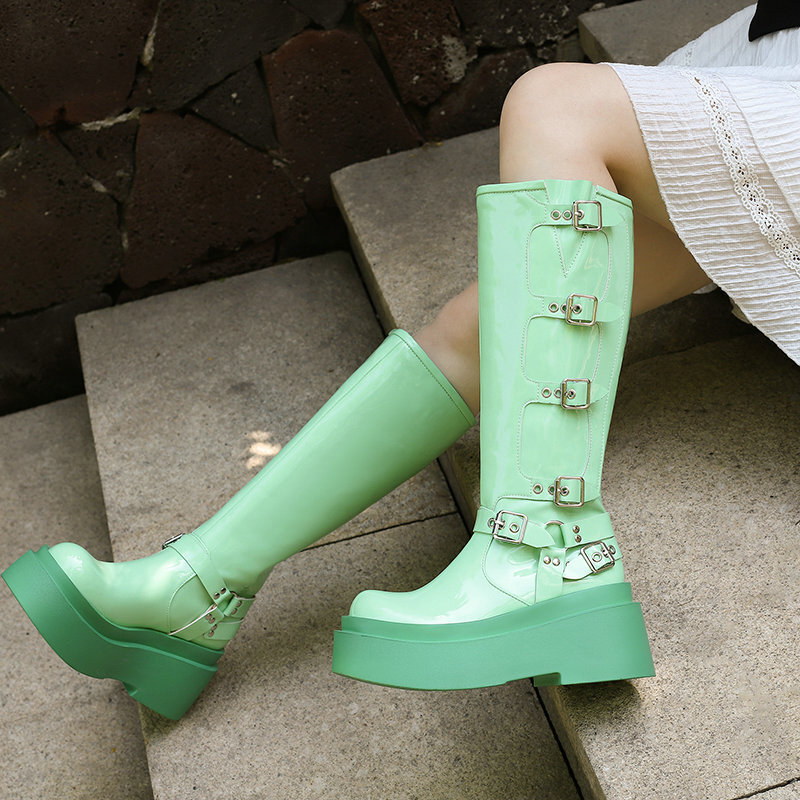 Womens Punk Gothic Style Knee High Boots Buckle Western Thick