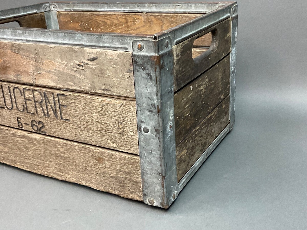 Vintage Heavy Duty Lucerne Dairy Milk Crate Wood Metal Banded
