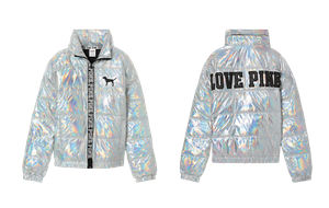 pink metallic puffer jacket