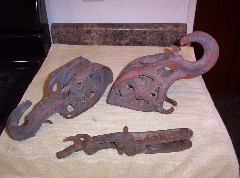 2 - VINTAGE METAL HAY TROLLEY PULLEYS w/HOOKS - PLUS