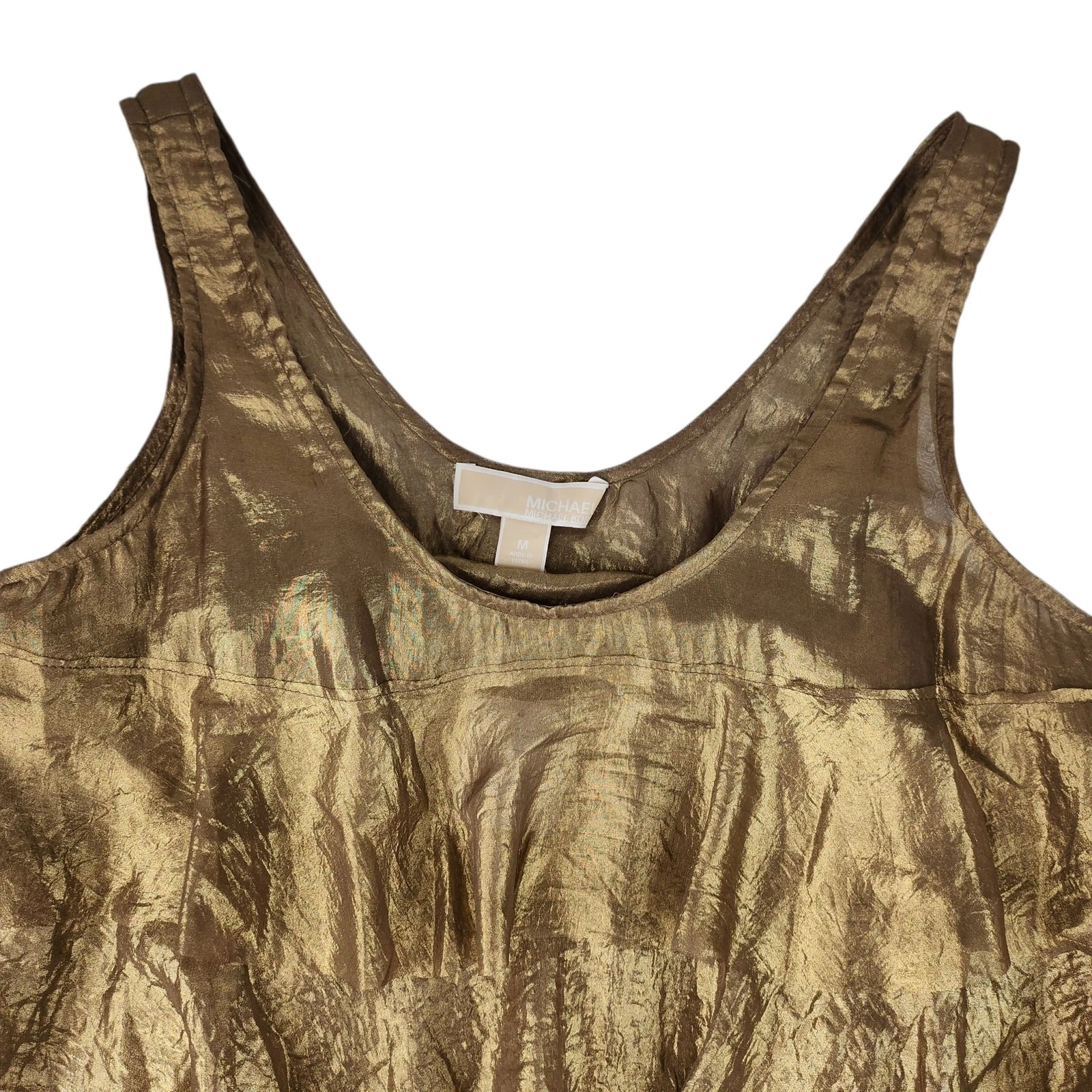 Mini abito medio Michael Kors nuovo con etichette oro metallizzato volant party cocktail bodycon