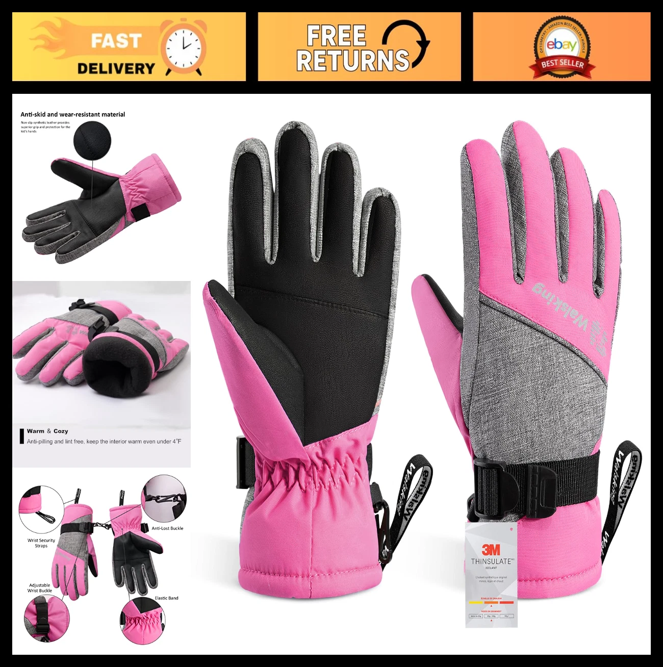 Kids Winter Gloves - Waterproof Insulated Ski Gloves for Boys & Girls - Cold Wea