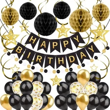 Black Gold Birthday Decorations, Easy to Assemble Happy Birthday Banner with ...
