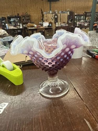 Fenton Art Glass Plum Opalescent Hobnail Ruffle Edge Pedestal Bowl Compote Dish