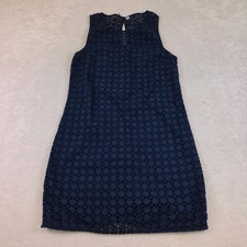 Navy Blue Eyelet Lace Sleeveless Shift Dress Round Neck Keyhole Back