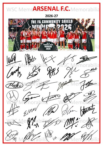 13174. 2026-27 Arsenal Signed Team Photo Sheet PRINTED AUTOGRAPHS A4 Bruno Konsa