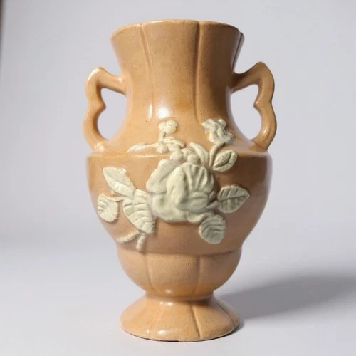 Weller Cameo Peach Vase Raised Floral Art Deco Double Handles Vintage 1930