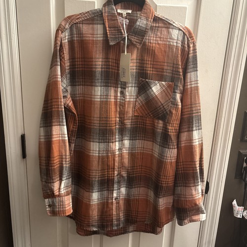 NWT La Miel Plaid Flannel Button Down Shacket Rust Black Tan Size Small S