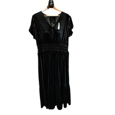 Gap Womens Plus XXL Black Velvet  Midi Dress Flutter Sleeve V Neck Tie Neck