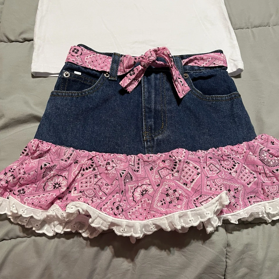 Kiddie Korral 6 Western Wear Bandana Cowboy Boots Denim Jean Skirt Top Set Pink - Image 3 of 4