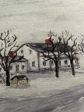 Rare Vintage California Folk Art Naive Winter Snow Scene Oil Painting