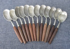 Vtg Japanese Large Spoon Set 12 Pc Brown Faux Wood Handles Stainless Steel MCM — photo 1