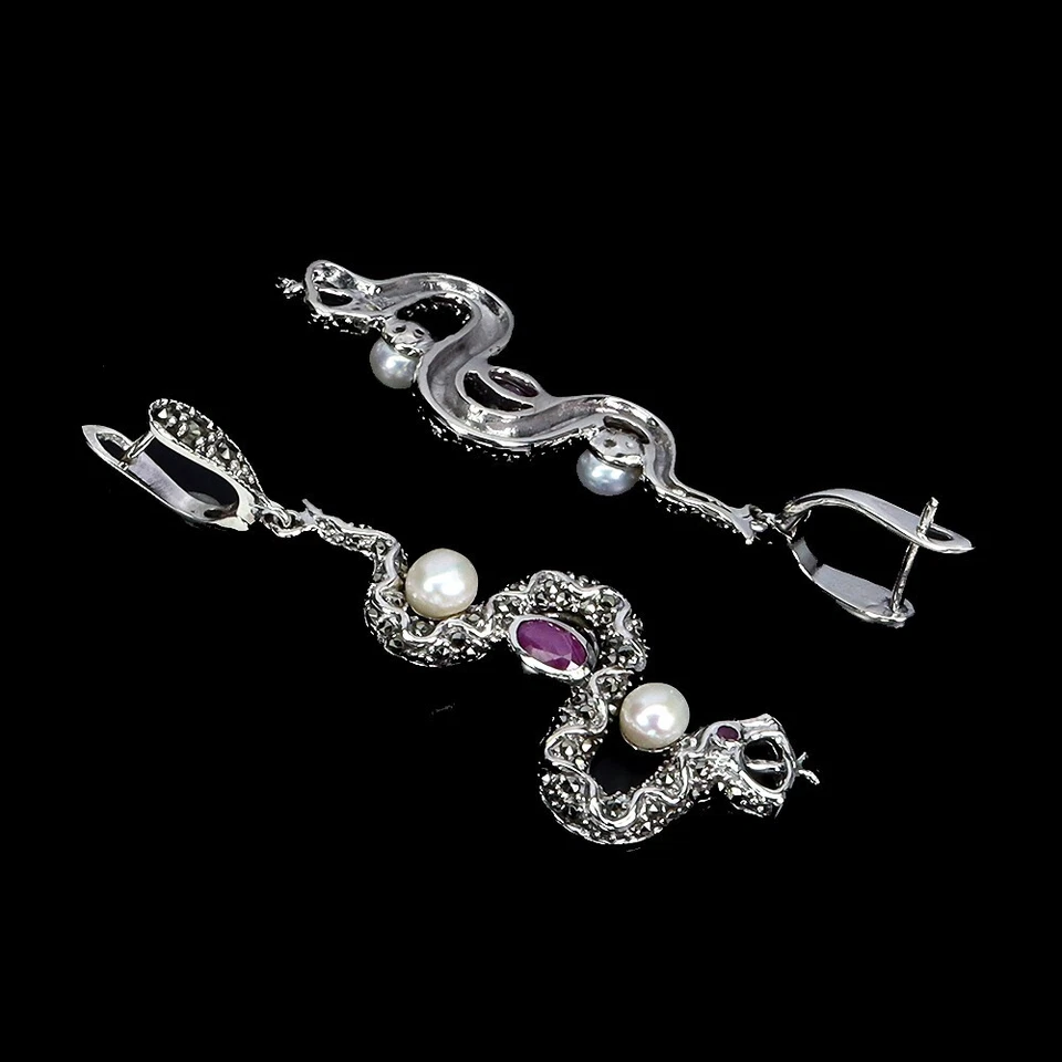 925 Sterling Silver Earrings Oval Ruby Pearl Marcasite Gemstone Cobra Jewelry - Image 3 of 4