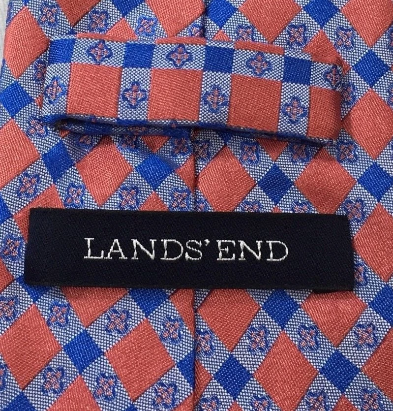 Corbata de cuello 100 % seda a cuadros melocotón azul naranja LANDS' END para hombre NUEVA sin etiquetas Foto 3 de 4