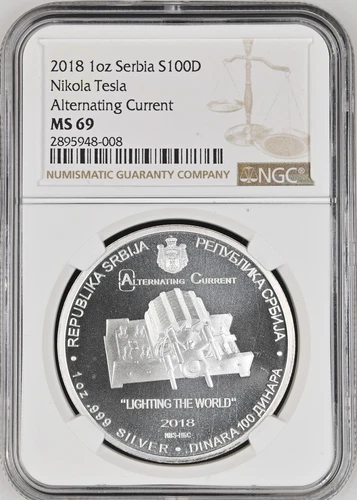 :2018 100 DINAR/1OZ SILVER SERBIA NGC MS69(PL) TESLA ALTERNATING CURRENT RARE R3