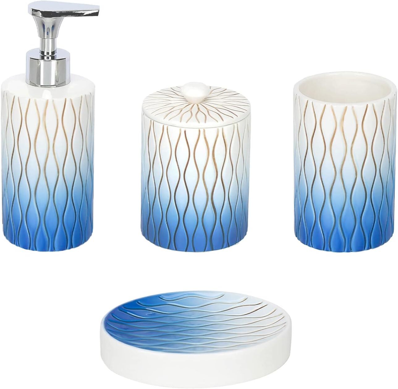 Navy Blue Bathroom Accessories Set,Hand-carved Lines Ceramic C-blue