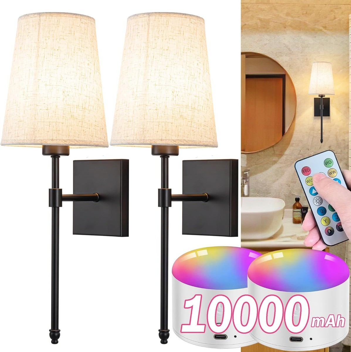 Laiebri Battery Operated Wall Sconces Set Of Two, Wireless Battery Wall Lamp With Remote Control, 12 Colors RGB Magnetic Bulb, Rechargeable Black Wall Sconce For Bedroom Living Room Hallway