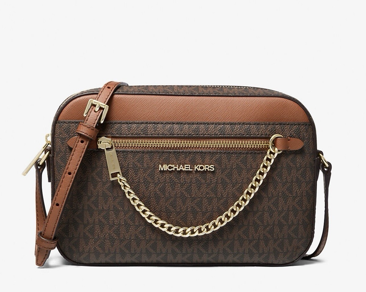 MSRP: $398 Michael Kors JET SET LG Gold CHAIN XBODY BROWN