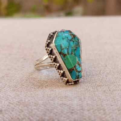 AAA+Blue Copper Turquoise Ring 925 Sterling Silver Coffin Ring Gift For Sister