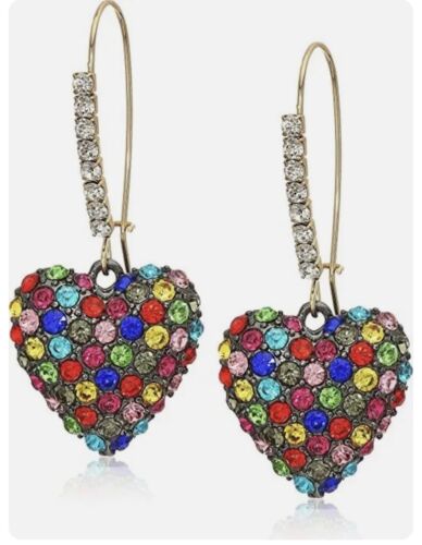 Stone Heart Dangle Earrings Rainbow Pave Stones Crystal Accents - Picture 1 of 3
