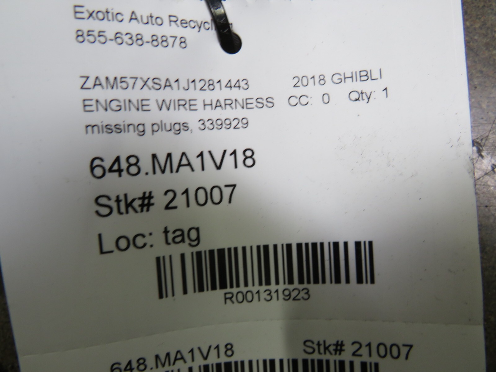 Maserati Ghibli, Engine Wire Harness, Missing Plugs, Used, P/N 339929