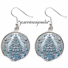 Blue Christmas Tree Earrings Vintage Victorian ART PRINT Silver Charm Dangle