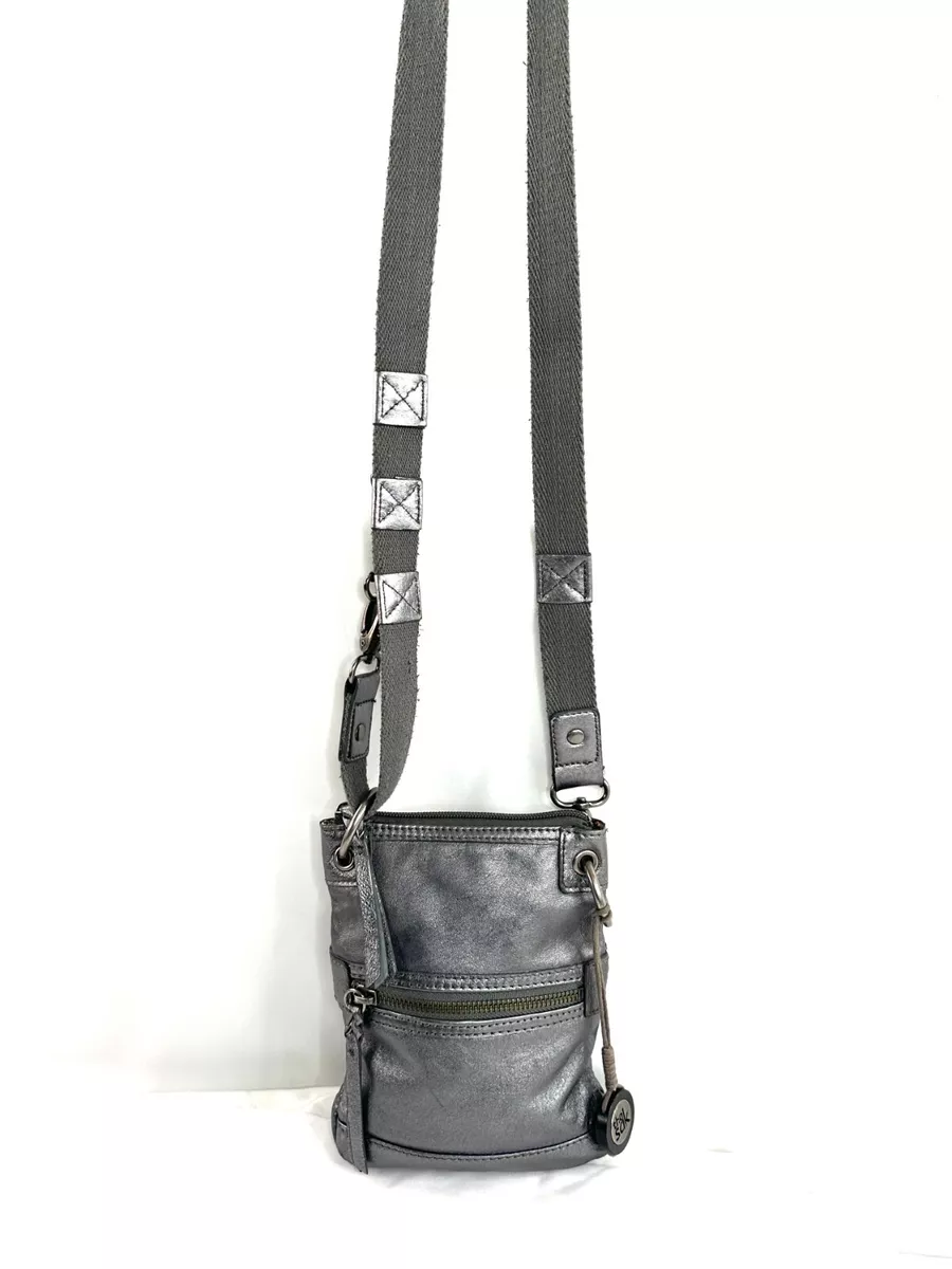 The Sak Dark Gray Silver Metallic Leather Mini Crossbody Bag Purse Charm