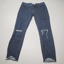 Free People Women's Low Rise Distressed Straight Jeans Blue Frayed Denim Size 26