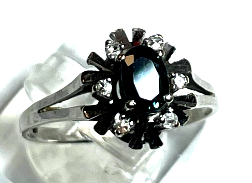 Klassischer 585 Gold 14 K Entourage Ring Weißgold 1 Saphir 6 Diamanten RG 59 - Bild 4 von 4