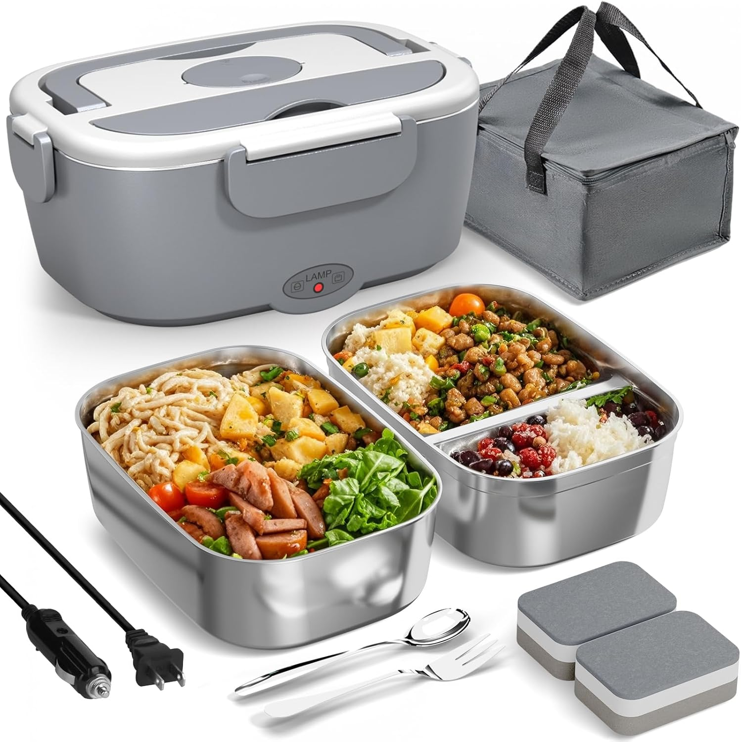 Portable 80W Electric Lunch Box for Adults with Dual Containers - Fast Heating Meal Prep Solution