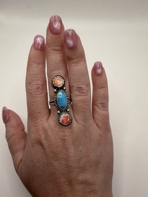 Navajo Sheila Tso Sterling Silver Turquoise & Carved Coral Rose Ring Size 7.75
