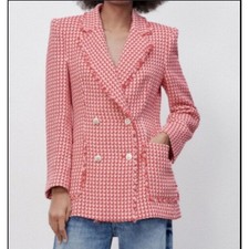 Zara Red White Houndstooth Tweed Double Breasted Blazer Frayed Trim Preppy Small