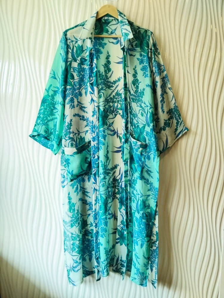 Capa larga de chaqueta kimono con aberturas laterales, 100 % seda de gasa...