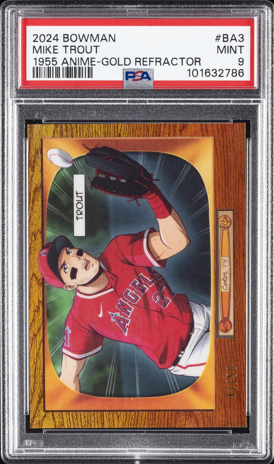 2024 BOWMAN 1955 BOWMAN ANIME GOLD REFRACTOR #BA3 MIKE TROUT 42/50 PSA 9