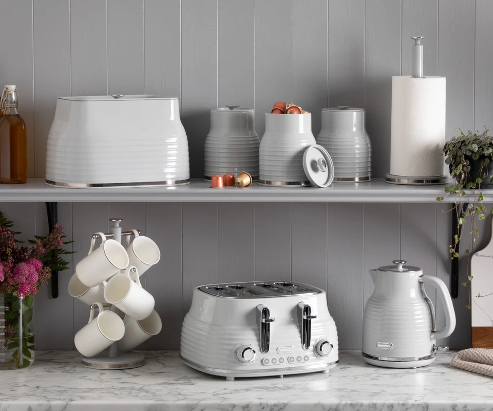 Daewoo Sienna Matching Kettle 4-Slice Toaster Tea Coffee Sugar Canister Set Grey - Image 3 of 4