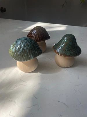 Lot of 3 Glazed-Top Indoor/Outdoor Colorful Decor 3-4" Ceramic Mushrooms - Image 1 of 4
